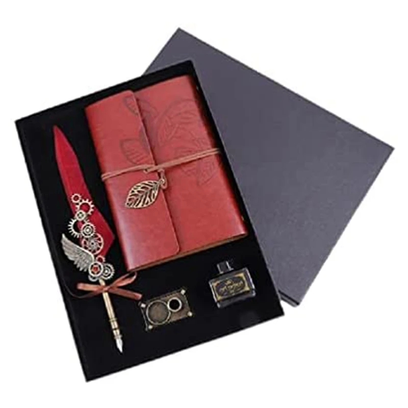 

Vintage Feather Pen And Ink Set Retro Quill Dip Pen Calligraphy Writing Signature Pen With Notebook Pen Nib Base