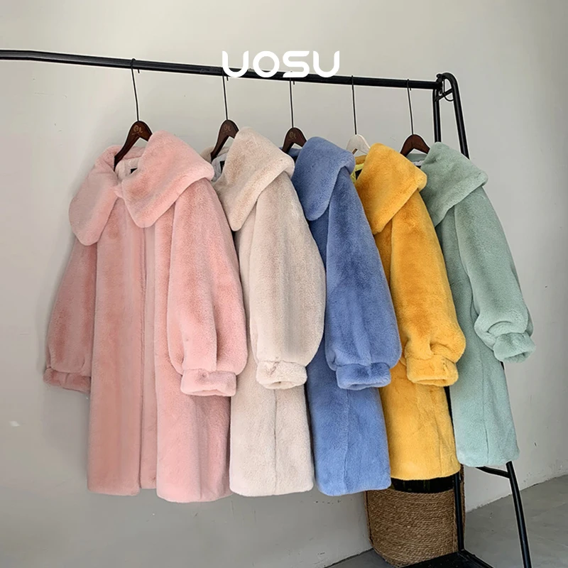 

Sweet Girl Turn Down Collar Faux Fur Long Coat Women Winter Jacket Thick Warm Fake Mink Fur Plush Eco-coat Loose Long Overcoats