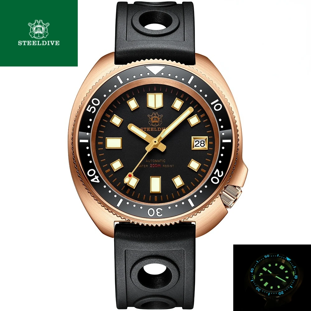 

SD1970S Steeldive CUSN8 Solid Bronze Case Ceramic Bezel Blue Luminous NH35 Automatic Turtle Dive Watch for Men