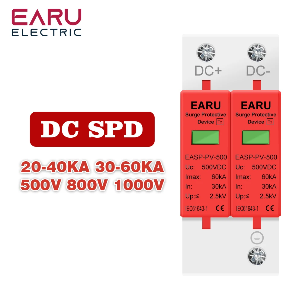

2P SPD DC 500 В 800 В 1000 В 20 ~ 40KA Молния Защита от перенапряжения Устройство защиты Разрядник Низкое напряжение Дом 2-полюсный Фотоэлектрический