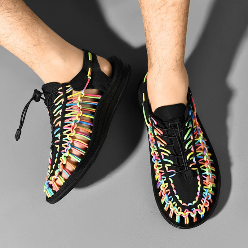 

Fashion Weave Elastic Sandals for Men Summer Breathable Hollow Out Casual Shoes Man Outdoor Non-Slip Platform Unisex Sandals