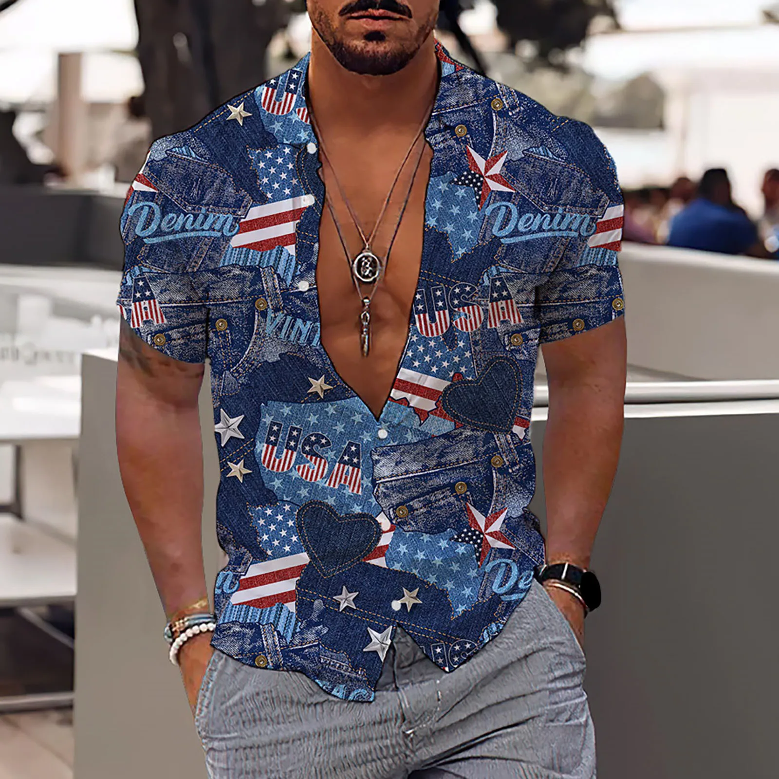 

Mens Fashion And Leisure 3D Digital Printing Button Lapel Independence Day Short Sleeve Shirt Holiday Ethnic Solid Shirts