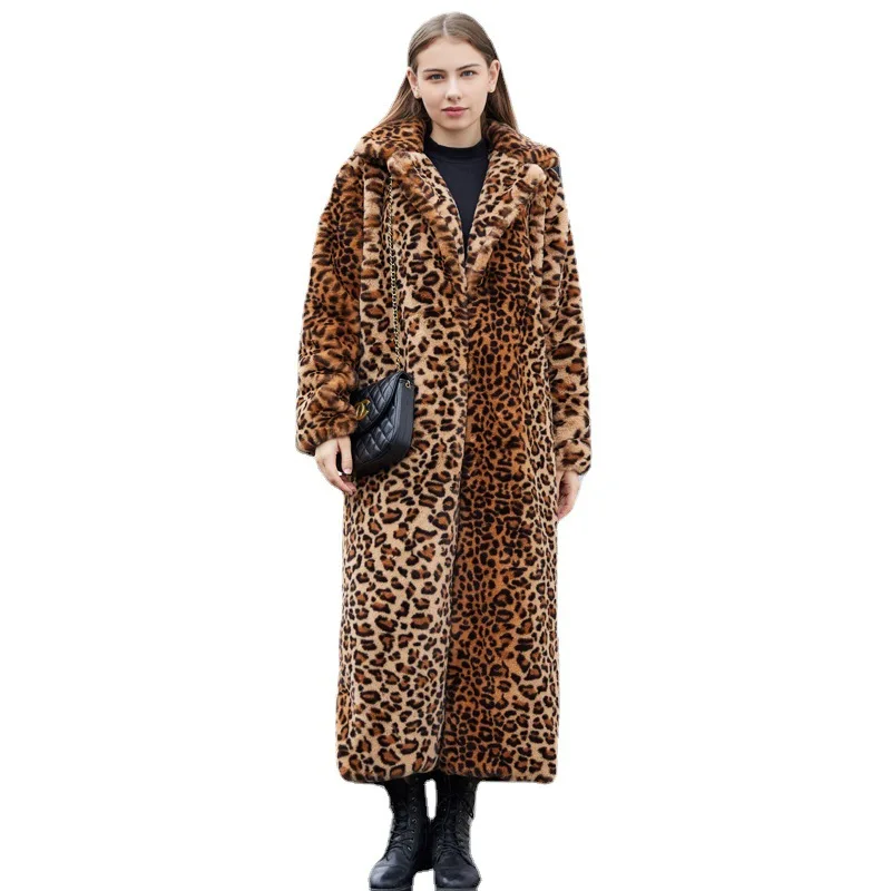 Winter Leopard Print Faux Fur Long Coats for Women Faux Rabbit Fur Plush Coats Fashion Warm High Street Fuzzy Outwear