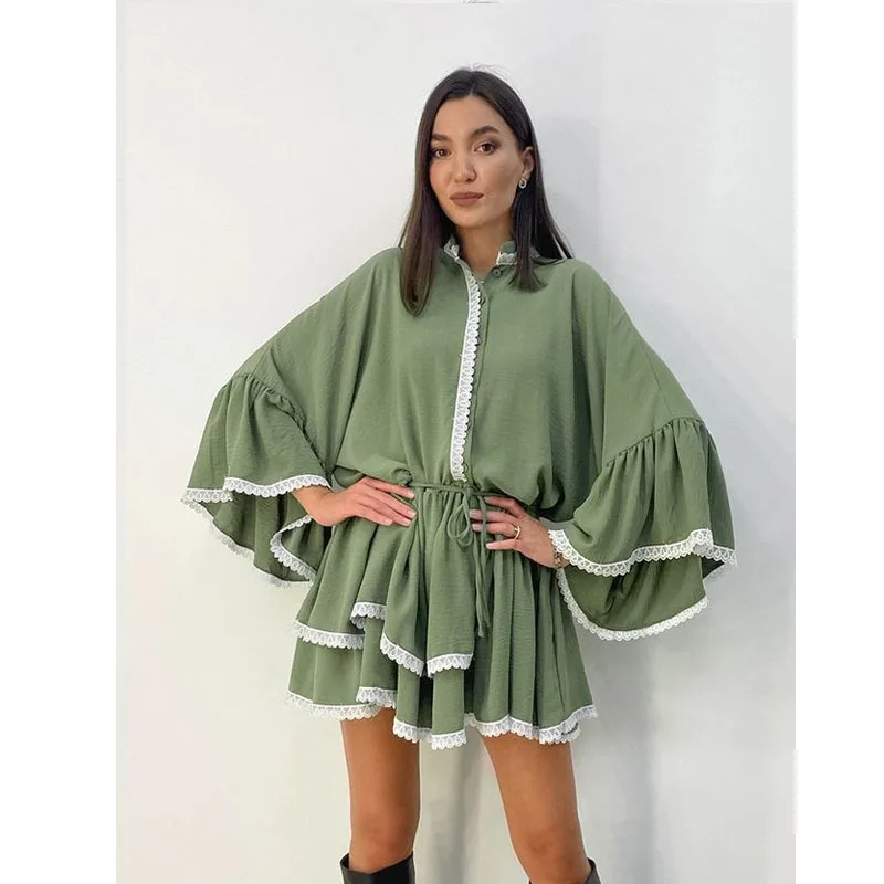 

2023 Spring Women's French Black Lace Cake Dress Temperament Versatile Trumpet Sleeve Dress Female Loose
