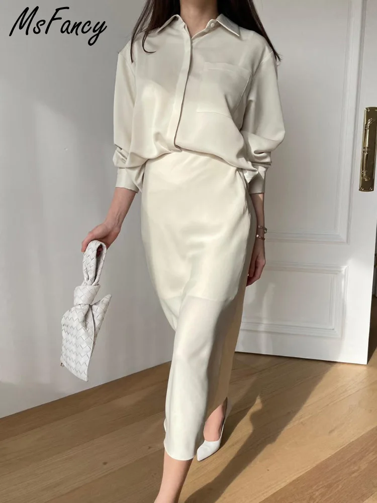 

Msfancy Skirt Suit Women Satin Long Sleeve Shirt High Wast Midi Skirt Two Piece Sets Mujer Elegant Official Outfits