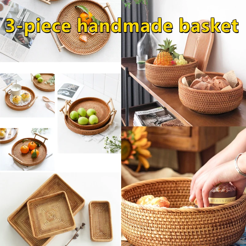 

3-piece Set of Handmade Rattan Woven Storage Basket Tray Wicker Basket Bread Fruit Food Breakfast Tray Rattan Basket