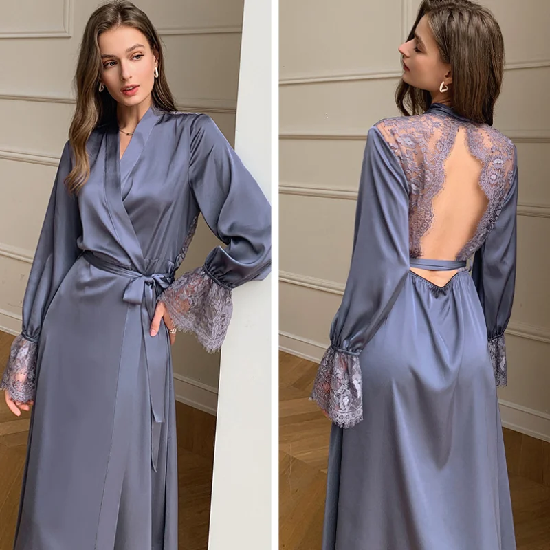QWEEK Satin Robes for Women Nightgown Sexy Blue Lace Backless Bride Gown Dress Bathrobe Female Sleepwear Loungewear