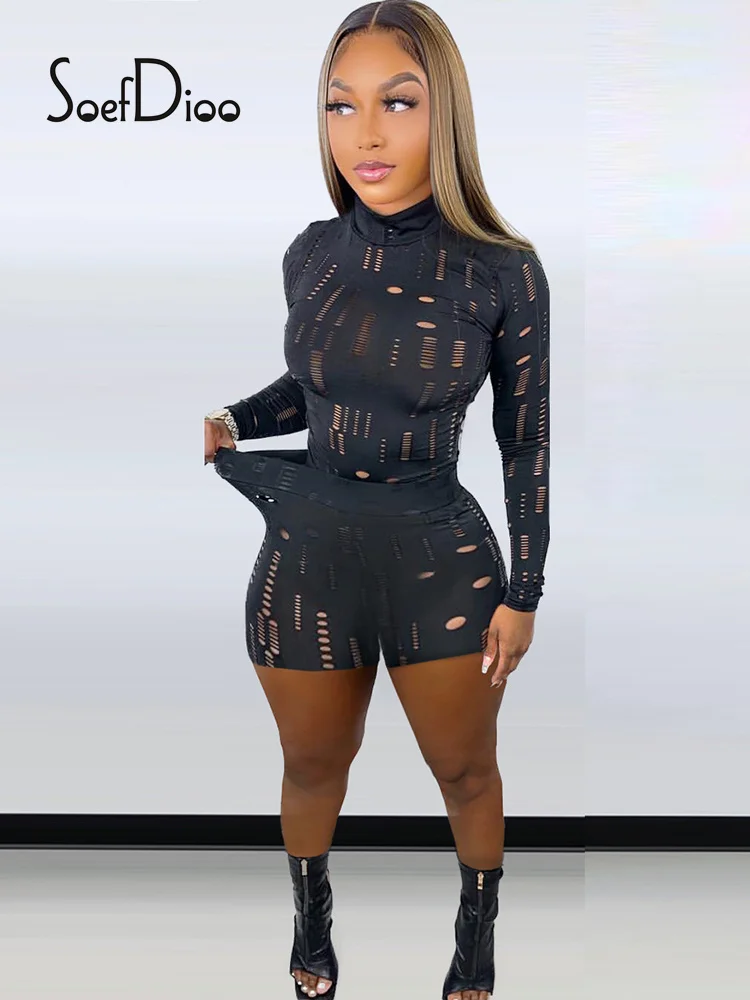 

Soefdioo Solid Hollow Out Long Sleeve T Shirt and Shorts Two Piece Set Woman Spring 2022 Sexy Club Outfits Fashion Tracksuit