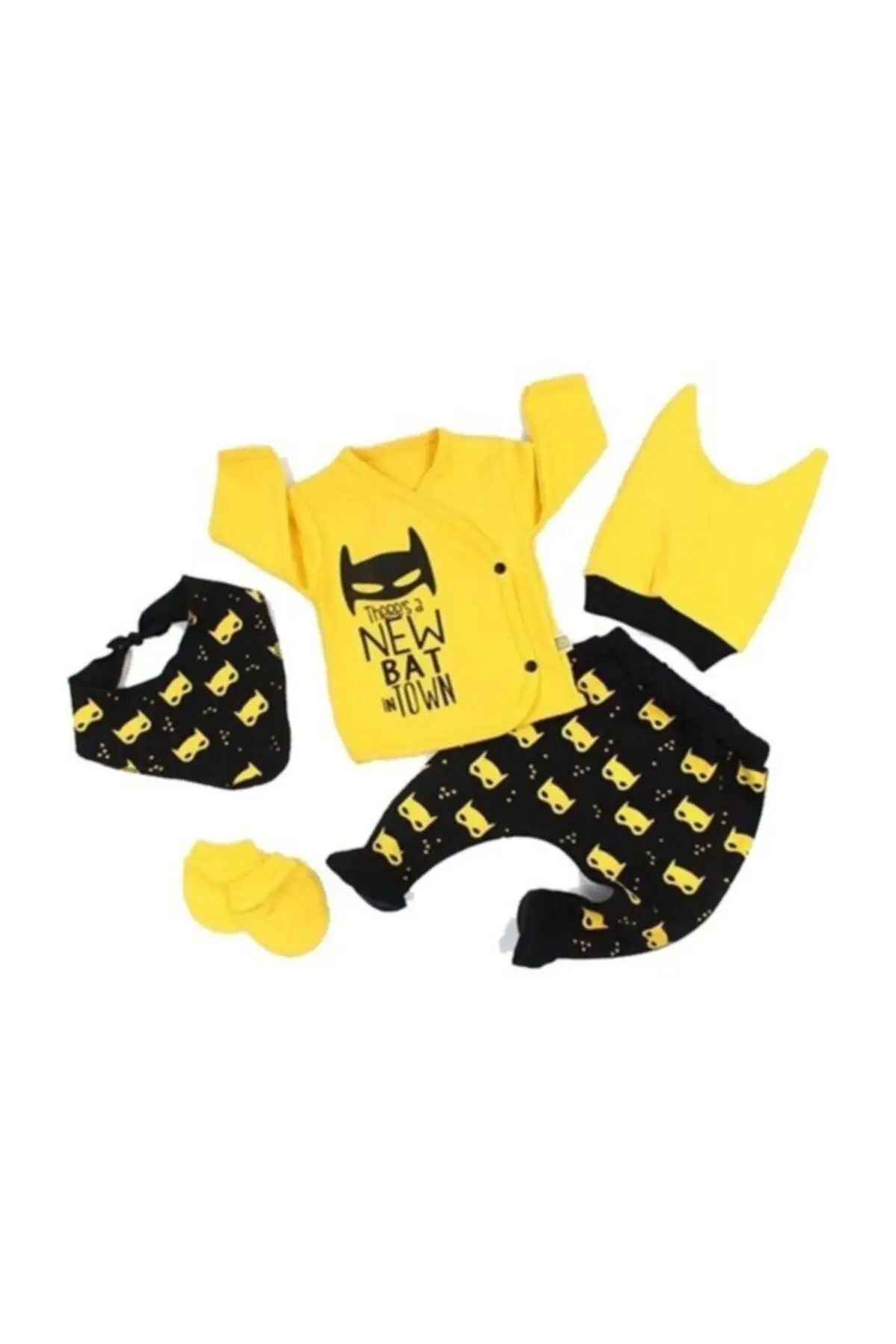 Batmanli Newborn 5'li Baby Hospital Output Set Printed Cotton 10'lu Yellow Outs Apparel