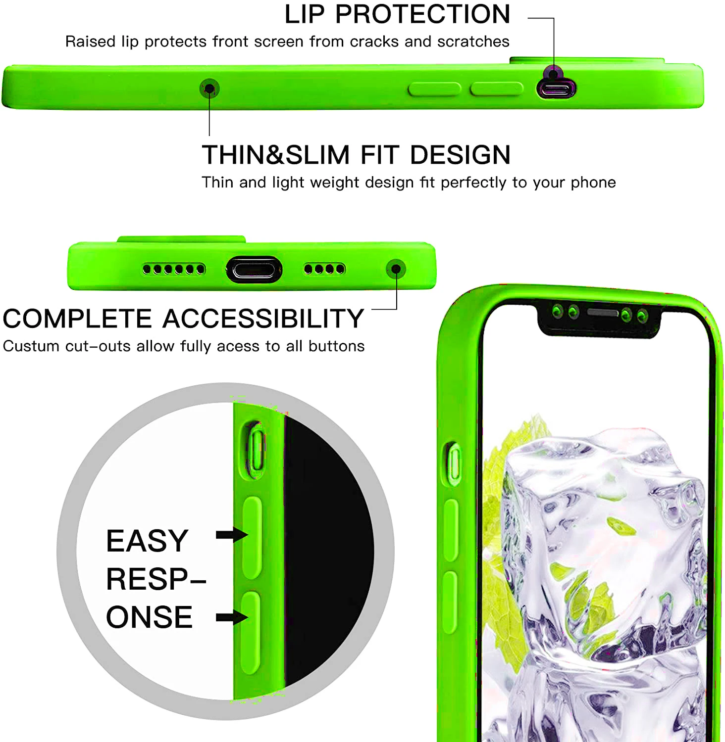 NEW Fluorescent Green Square Silicone Case For iPhone 14 11 Pro Max 13 12 Mini X XR XS 7 8 Plus SE 2022 Shockproof Cover Cases