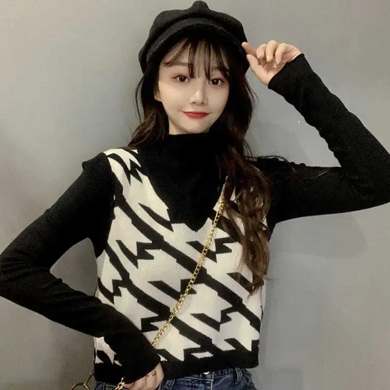 

Women Sweater Vest Elegant Fashion Office Ladies Printing All-matching Shirt Retro Knitted Vest Fashion Loose Casual Top T310