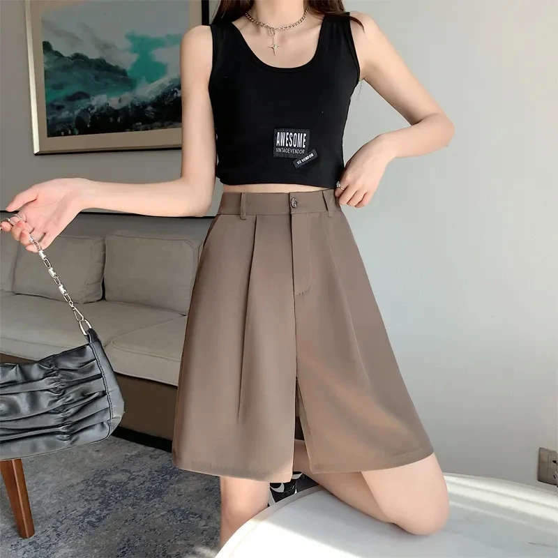 

2022 Summer Suit Shorts Woman High Waist Wide Leg Shorts Women Casual White Black Half Trousers Loose Knee Length Pants Femme
