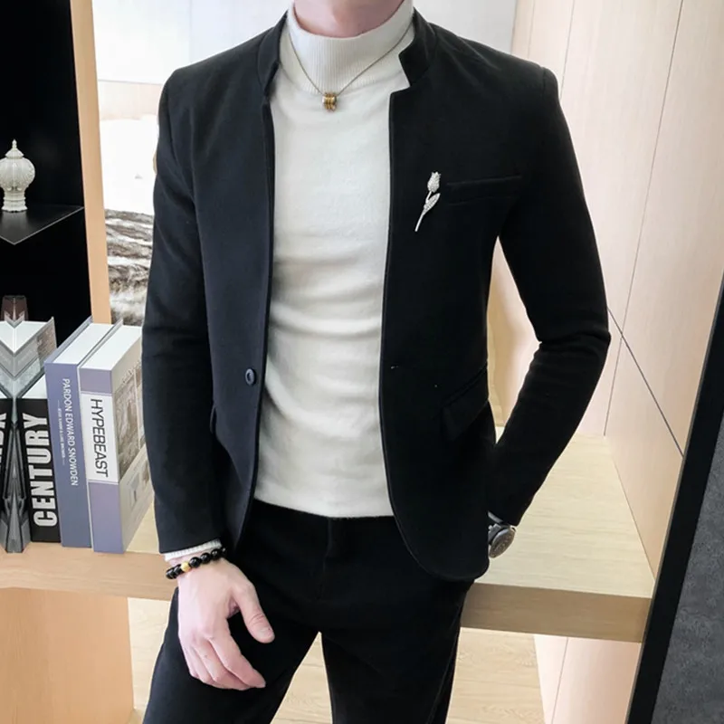 

Suit Jacket + Pants 2 Pcs Set / 2022 Fashion New Men's Casual Boutique Stand-up Collar Solid Color Woolen Blazers Coat Trousers