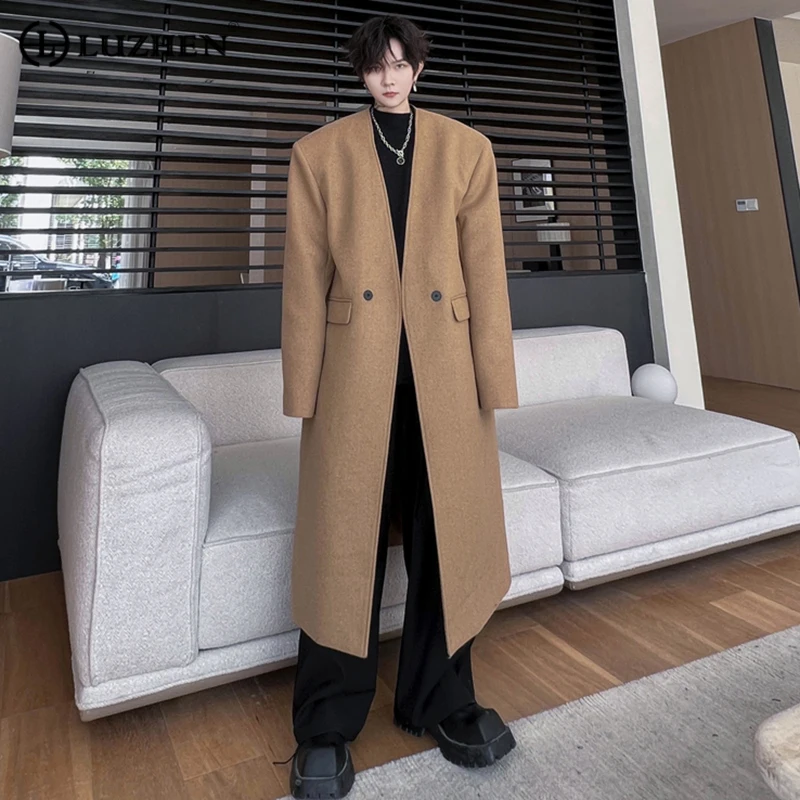 

Мужское шерстяное пальто LUZHEN, однотонное длинное пальто средней длины из двух частей, модная Осенняя ветровка, новинка 20519c