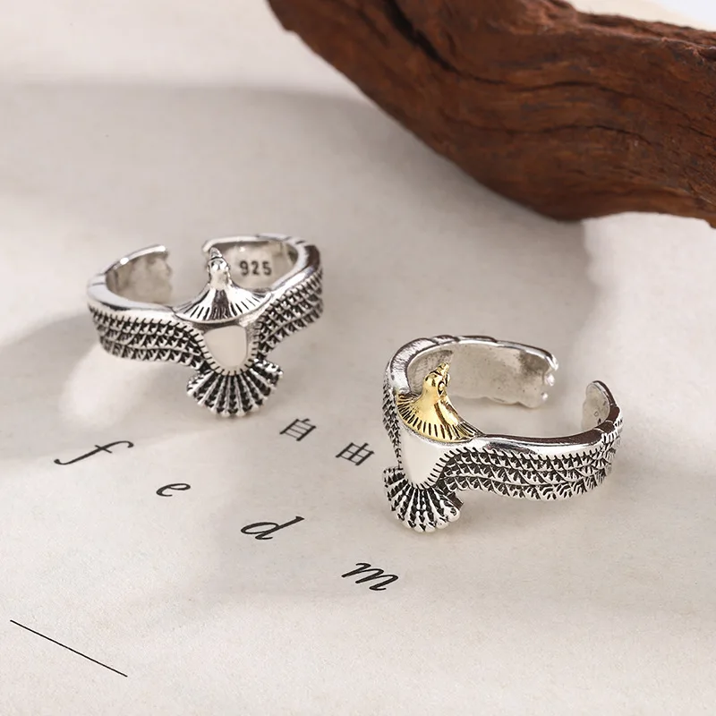 

TULX Vintage Silver Color Male Eagle Wings Ring Women Punk Rock Personality Jewelry Gift For Boyfriend Resizable Opening Rings