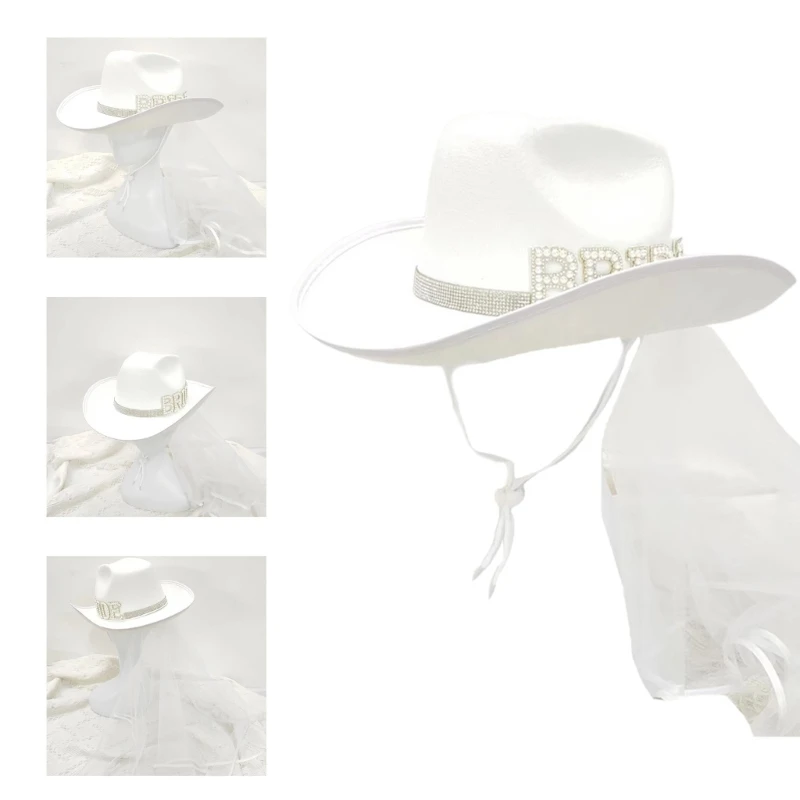 

Женская ковбойская шляпа с вуалью Свадебная шапочка для душа с широкими полями Головные уборы для подружек невесты