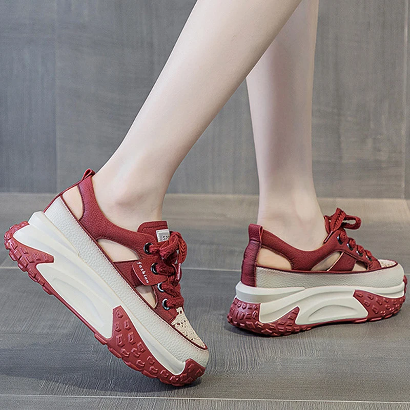 7cm Genuine Leather 2023 Platform Wedge Comfy Fashion Lace Breathable Women Chunky Sneakers Summer Hollow Leisure Female Shoes