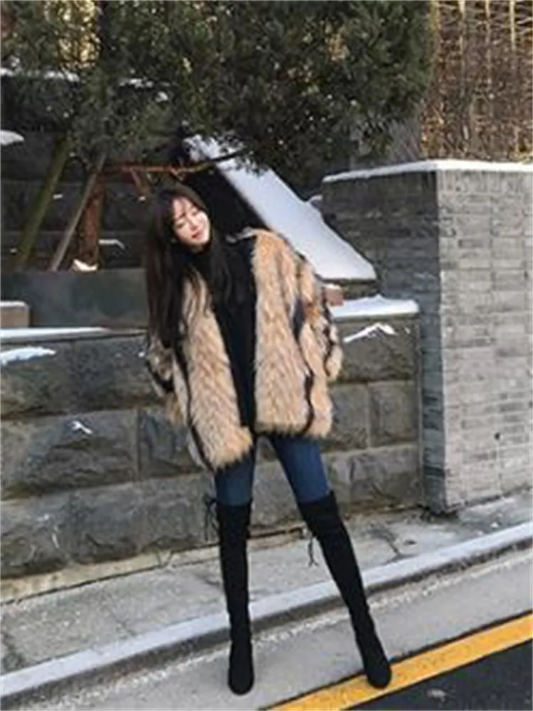 Faux Fox Fur Marbled Coat Women Mid-length Trendy Mixed Color Imitation Raccoon Fur Jacket Winter Thick Warm Outer Wear N1517