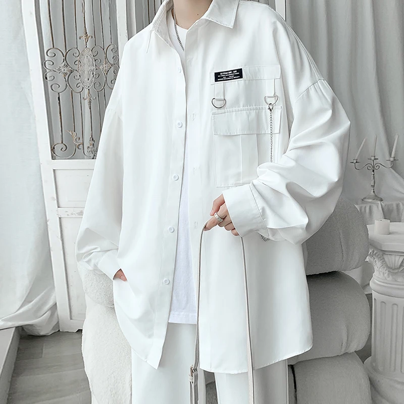 

2022 Men's Long Sleeve Shirts Autumn With Chain Korean Shirt Woman Fashion Casual Oversize Shirt Men Clothing