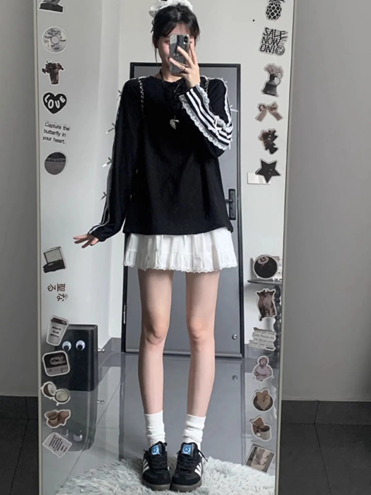 Корейская серия кружевная полосатая рубашка с бантом и длинными рукавами