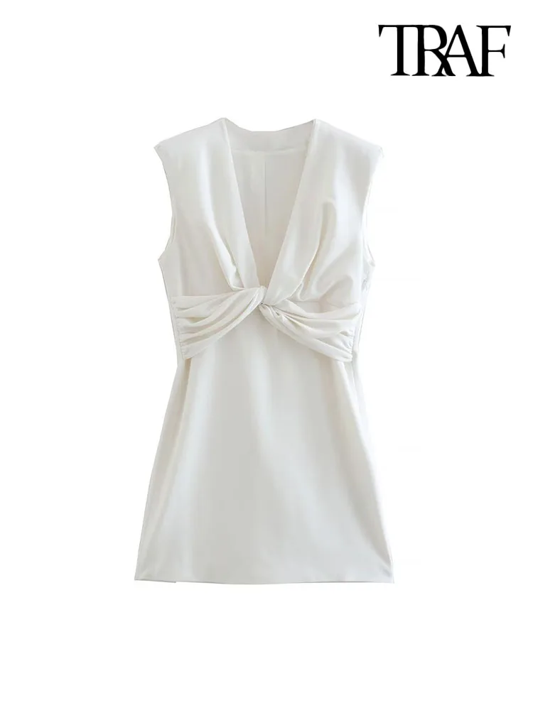 

TRAF Women Fashion Front Knot With Pleats Mini Dress Vintage Sleeveless Side Zipper Female Dresses Vestidos Mujer