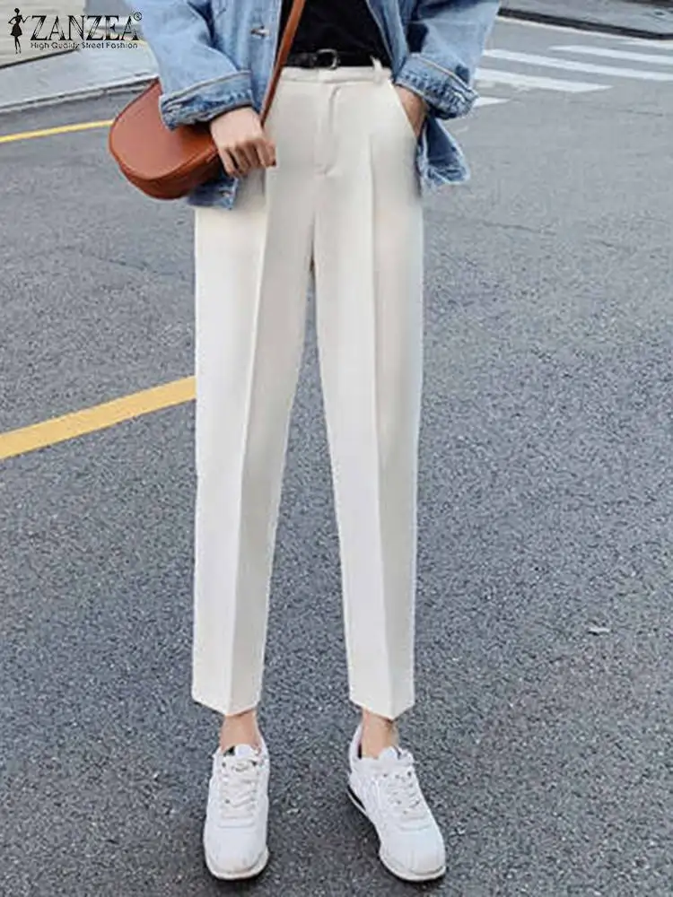 

Прямые Однотонные эластичные облегающие брюки ZANZEA с карманами, женские летние длинные брюки, элегантные модные повседневные рабочие брюки ...
