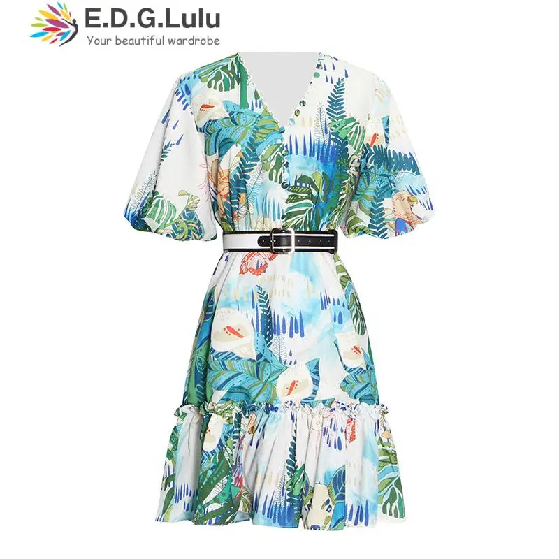 

EDGLuLu Fashion Womencountry Style Elegant Short Sleeve Wrap Summer Boho Floral Holiday Party Sundress Female Vestidos 1222