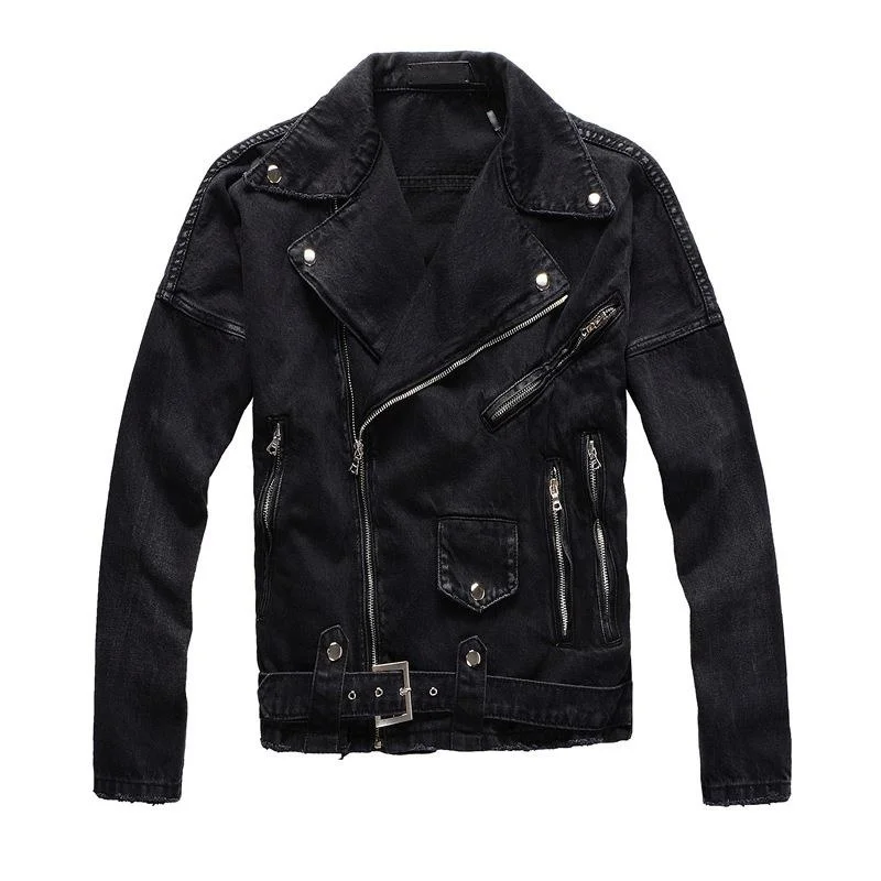 

Fashion Black Motor Biker Punk Jacket Big Size 4XL Streetwear Solid Color Zippers Denim Jean Jacket Men Jaqueta Jeans Masculina