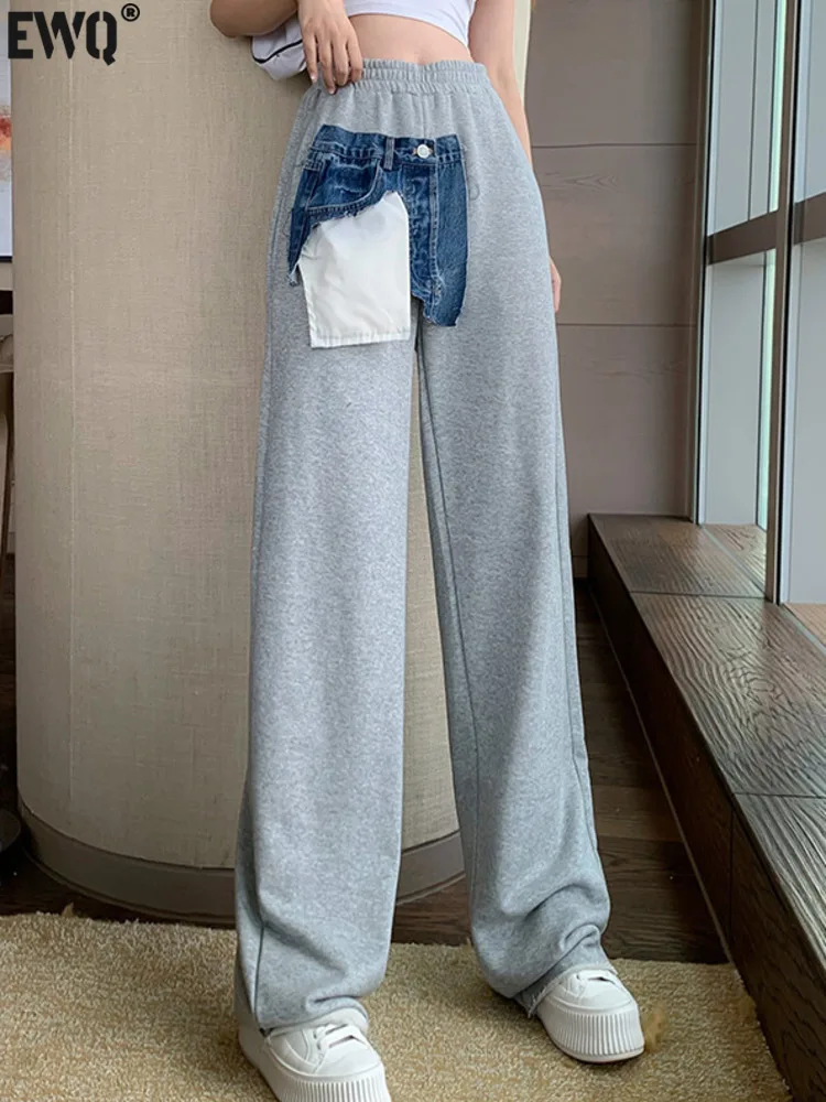 

Женские джинсовые брюки [EWQ] с широкими штанинами в стиле пэчворк, новинка сезона осень-зима 2023, женские свободные повседневные брюки с высокой талией на шнуровке, 16U3469