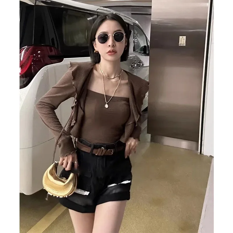 New Women's Long Sleeve T-Shirt From Dongguan 024 Nanyou Slimming Top With Ruffle Edge And Sweet Tie-Up Design For Smooth Sihoue