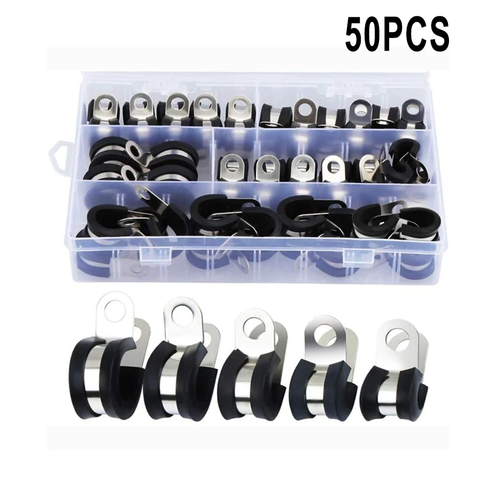 

50 Pcs Rubber Cushion Insulated Pipe Clamps Assortment, Stainless Steel Cushion For Tube Hose Holdering
