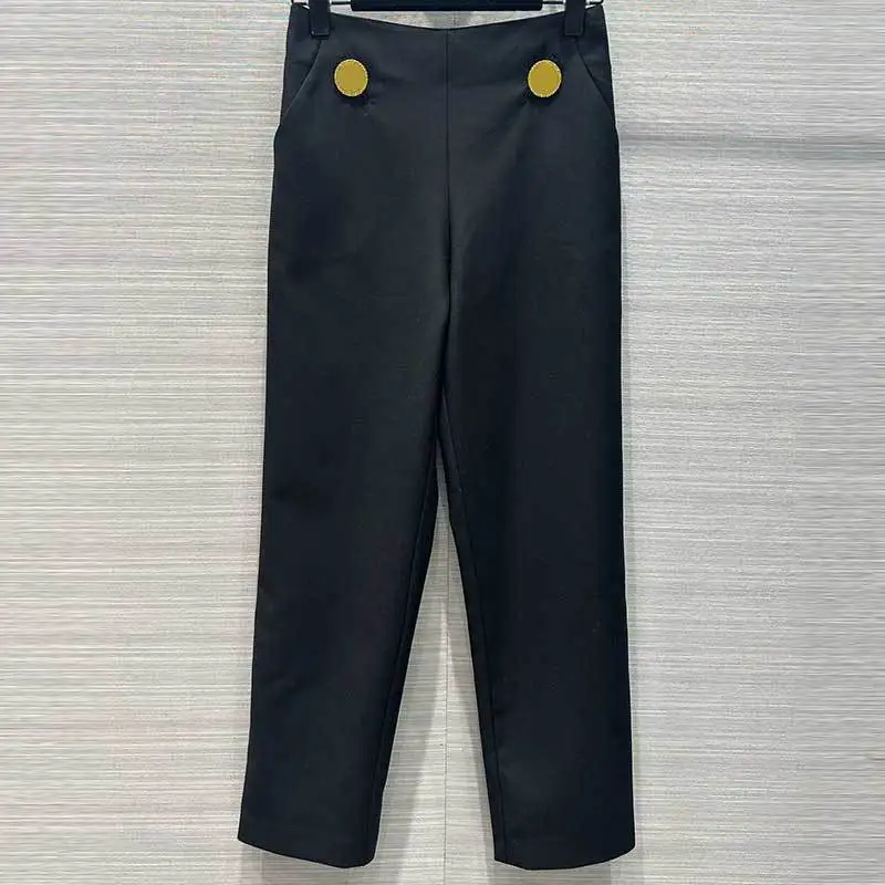 Classic Black Trouses Fashion Runway Simple High Waist Metal Button Decoration Straight Pants Slimming Side Zipper Women Clothes