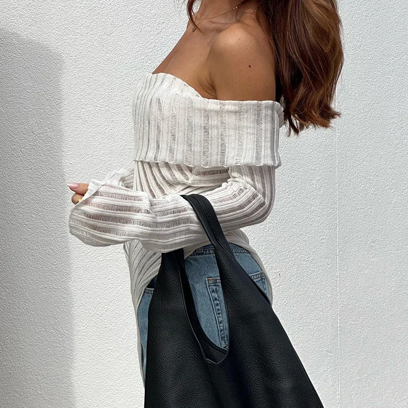 Женская ажурная блузка белый пуловер с воротником-лодочкой и длинными рукавами