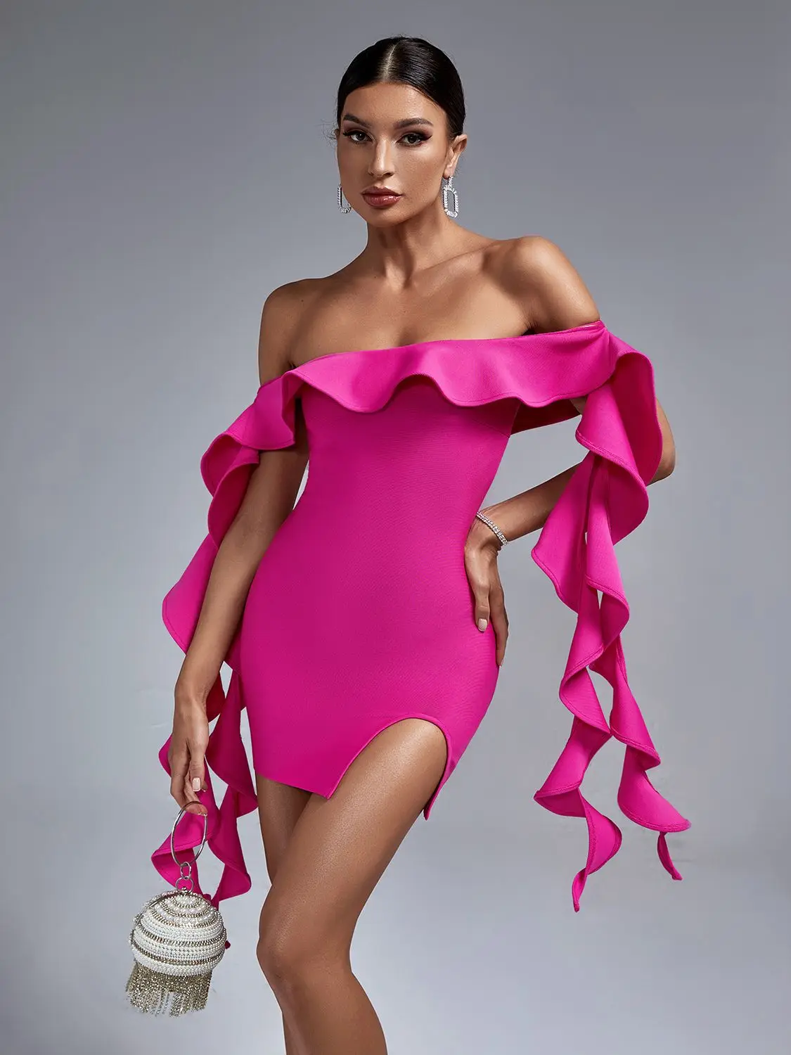 

Pink Bandage Dress Women Off Shoulder Party Dress Bodycon Elegant Ruffle Sexy Mini Birthday Evening Club Outfits Summer2023