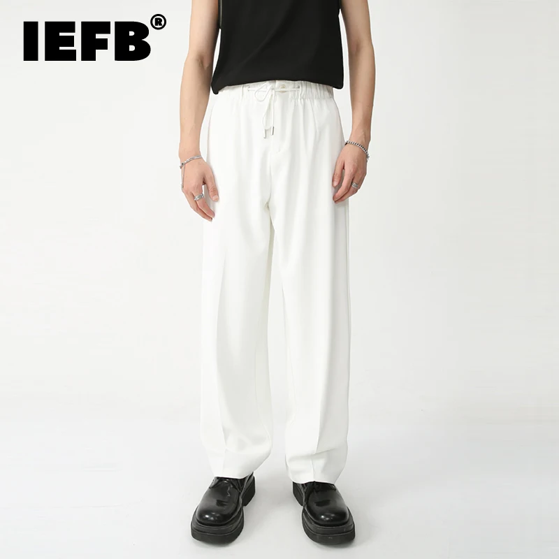 

IEFB Male Casual Suit Pants Drawstring Men's Solid Color Straight Trousers Korean Fashion Wide Leg Elastic Pants Summer New 9S7