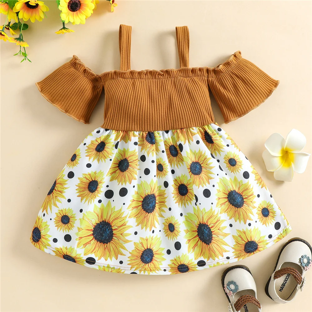 

0-3 Years Baby Girl Lovely Casual Sunflower Print Dress Toddler Kids Summer Fashion off Shoulder Short Sleeve Patchwork Dress
