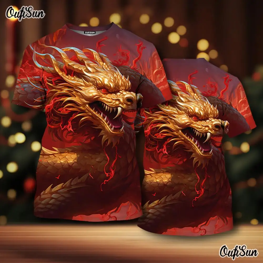 Мужская футболка с 3d-рисунком дракона модная красная коротким рукавом и круглым