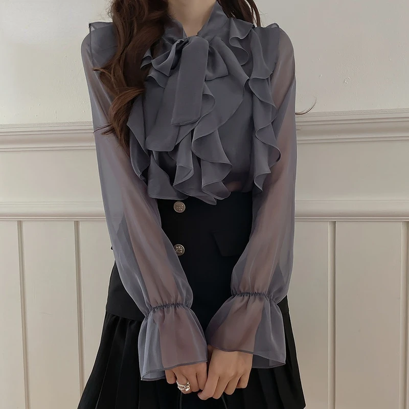 

New Korean Chiffon Blouse Office Lady Fashion Tops Sweet Bow Blouse Women Blouses Casual Long Sleeve Summer Blouses Blusas 13864