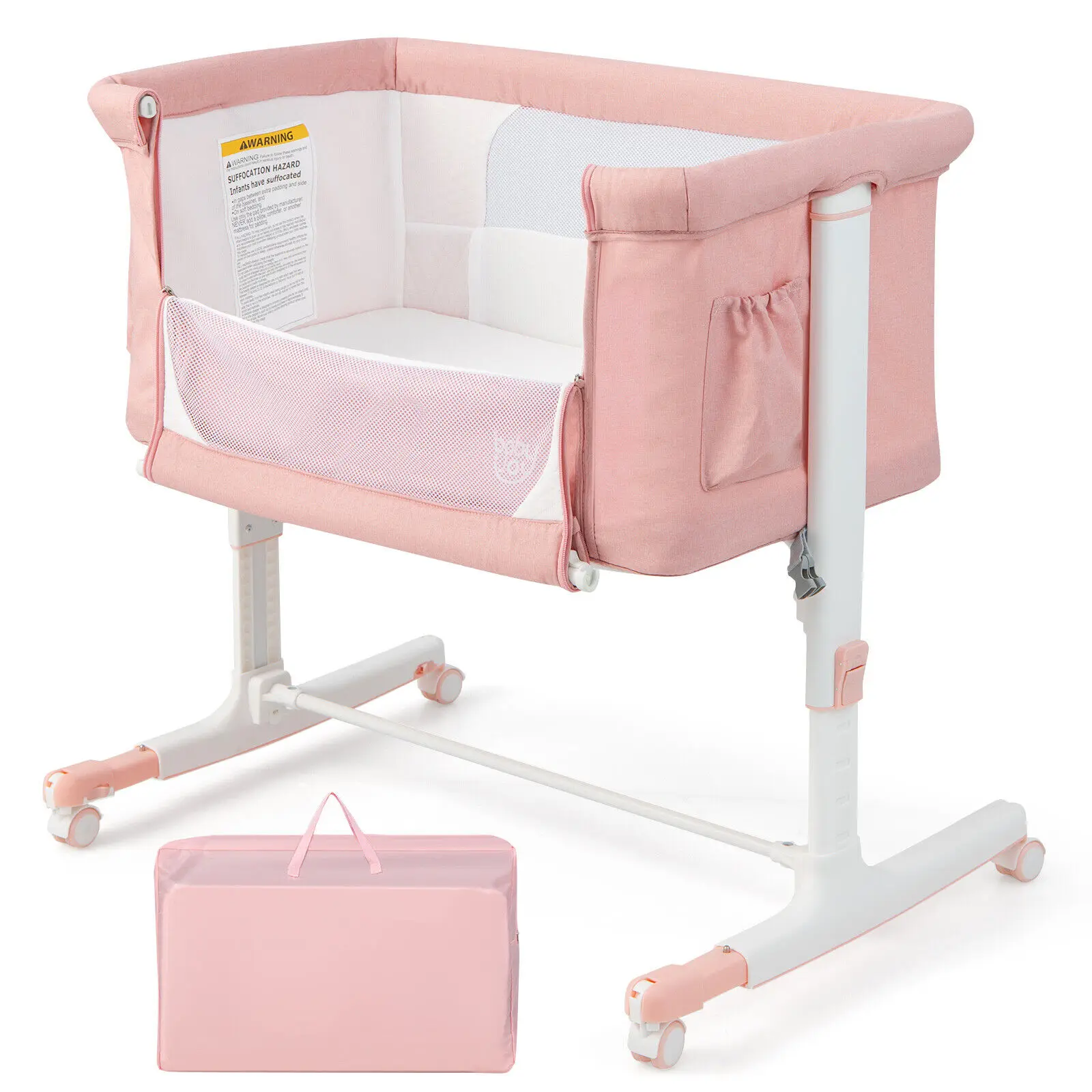 Babyjoy 3-in-1 Baby Bassinet Beside Sleeper Crib with 5-Level Adjustable Heights Pink