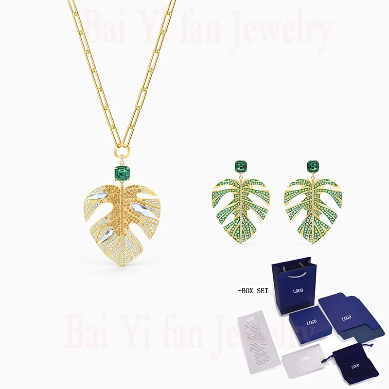 

High Quality SWA Earrings Necklace New Tropical Leaf Set Golden Leaf Decoration Crystal Ladies Jewelry Gift Free Shipping