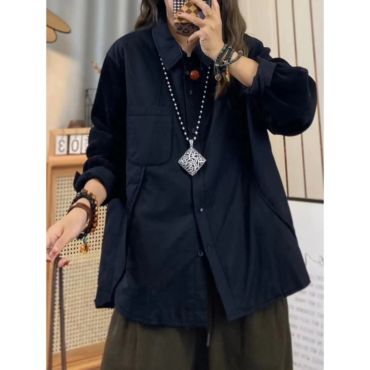 2024 Autumn and Winter Loose Plus size women clothing Slimming Chubby Girl Quilted Shirts Casual Retro Long sleeve Shirt Oute...