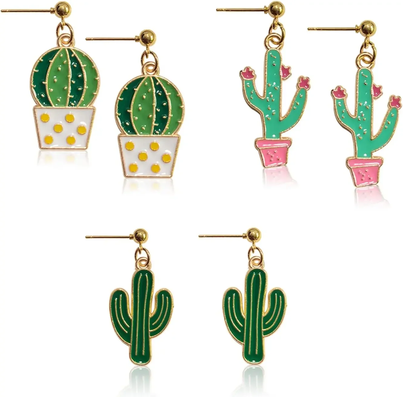3 Pairs Handmade Lightweight Funny Green Enamel Plant Cactus Dangle Earrings Sets for Women Sweet Creative Potted Stud
