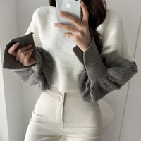 women winter loose warm patchwork short sweaters new casual o neck knitted female tops autumn lantern sleeve fashion jumpers