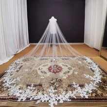 Echte Foto Lange Kant Applicaties Wedding Veil Wit Ivoor Kathedraal Bruidssluier 3.5 Meter Bruid Sluier Accessoires 2020