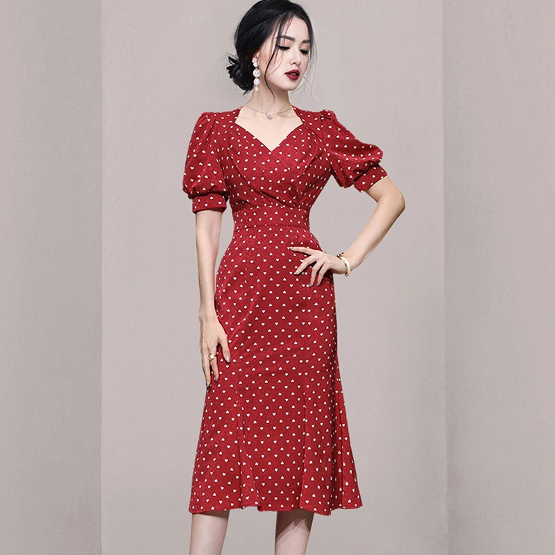 

JSXDHK Runway Fashion Summer Red Polka Dot Dress Vintage Women V Neck Ruffles Puff Sleeve Bodycon Slim Mermaid Party Vestidos