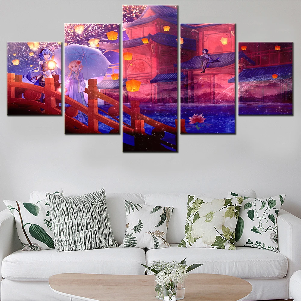 

5 Panels Anime Game Genshin Impact Girls Posters Home Wall Art Painting Decoration Modular HD Printing Modern Canvas Pictures