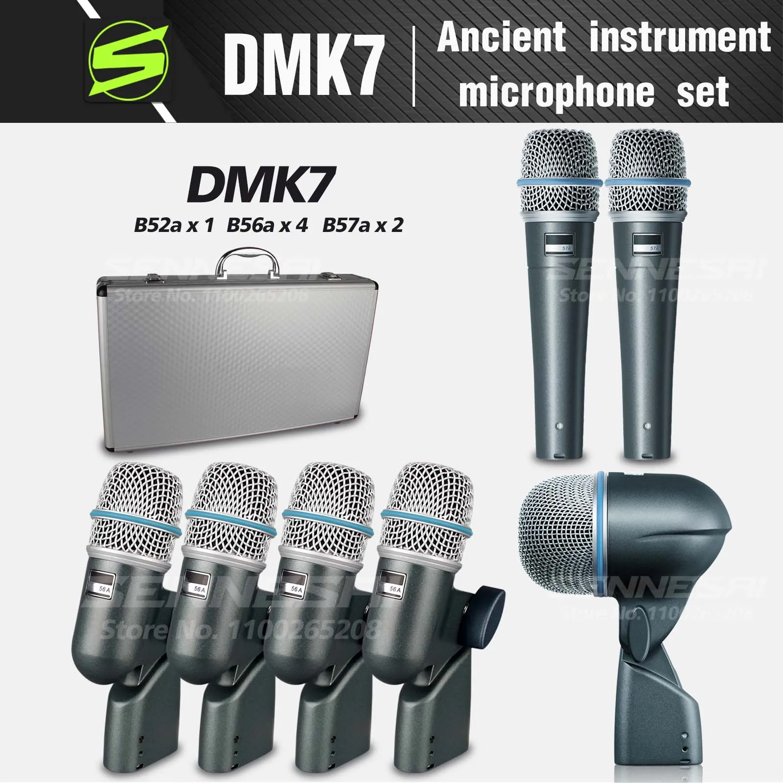 

SENNESAI BTA DMK7 7-Piece Wired Dynamic Drum Microphone (Whole Metal)- Kick Bass, Tom/Snare & Cymbals Mic Set-Use,52a 56a 57a