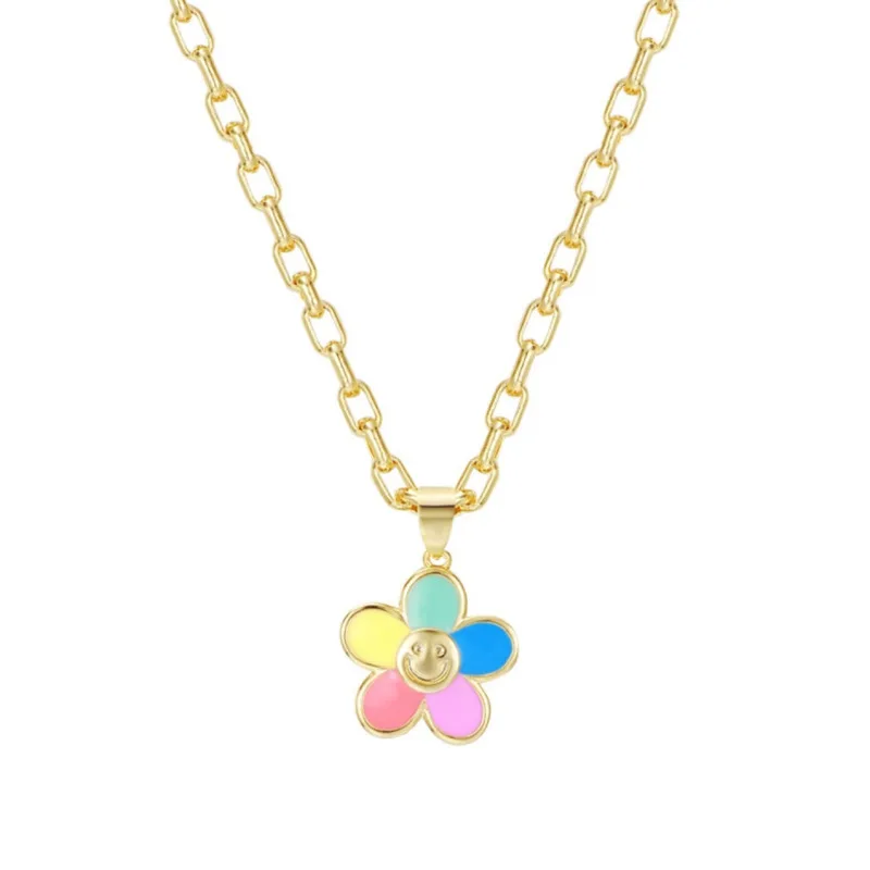 

Hip Hop Stainless Steel Gold Plated Rainbow Smiling Face Flower Necklace For Women Chain Punk Accessories Steampunk Jewelry
