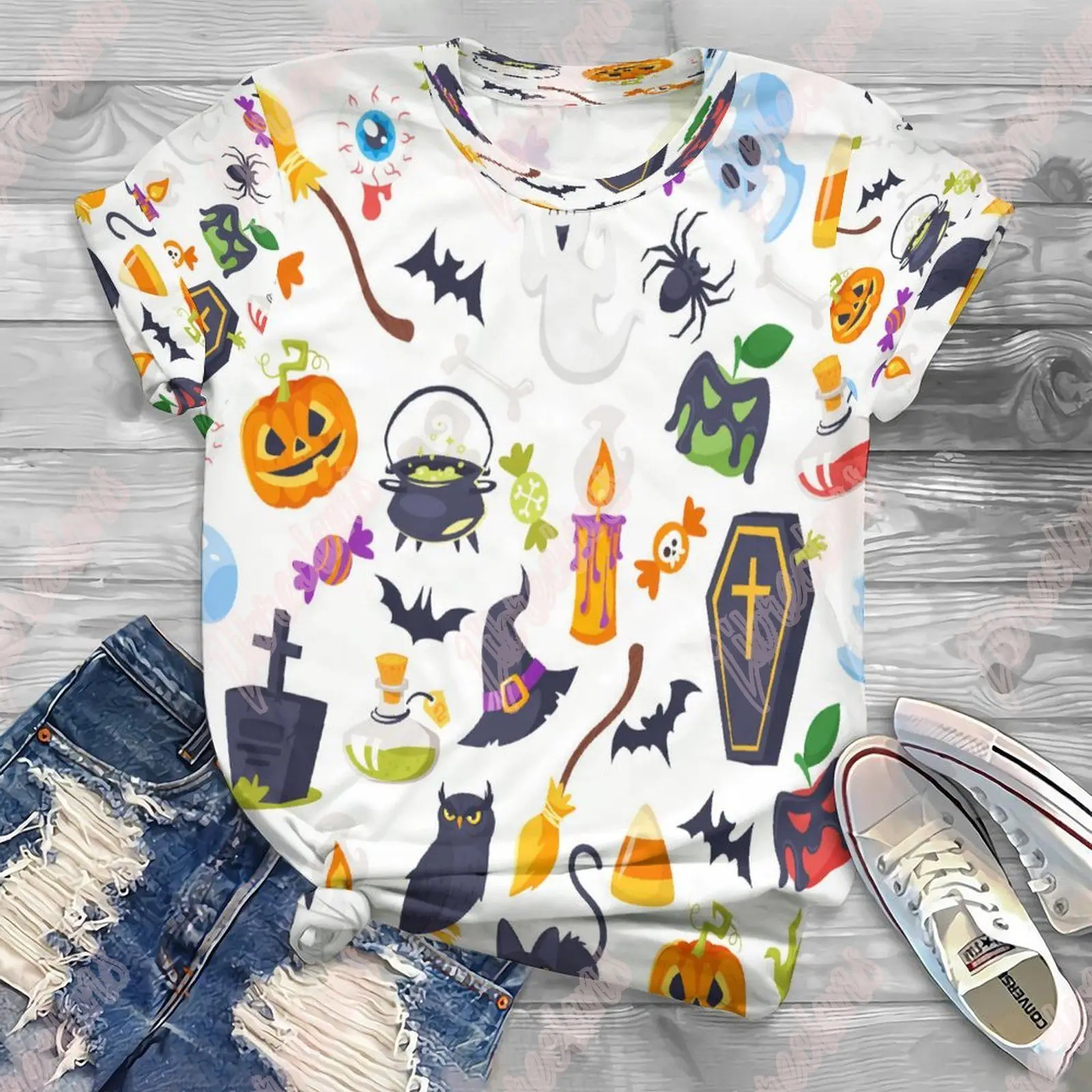 

Женская футболка с принтом в виде кошки, Луны, тыквы