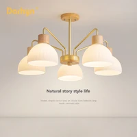 fashion wood multi head chandelier living room rubber glass lampshade retro bedroom study chandelier simple dining room lamp